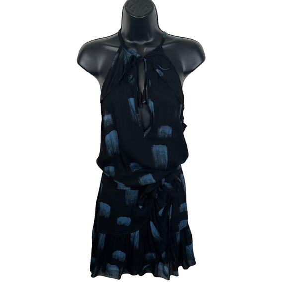 Poupette St. Barth Size Small Black Blue Halter Tie Neck Blouson Dress - Picture 1 of 12